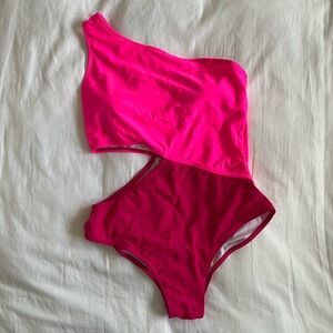 One-Shoulder Cutout Swimsuit in Bright Pink and Magenta